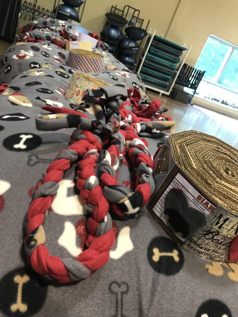 Supplies, including braided toys and scratch pads, laid out for assembly during the Paws For A Cause team building event, where participants create donations for local animal shelters.
