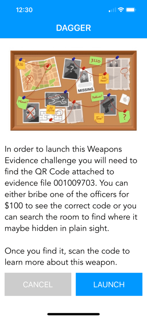 A screenshot from a mobile app shows a 'Dagger' challenge under the 'Weapons Evidence' category. The background illustration features a bulletin board with various photos, notes, and string connecting clues, typical of an evidence board in a mystery or crime scene investigation. The instructions indicate that to launch the challenge, participants need to find a QR code attached to an evidence file, offering options to bribe officers for $100 to see the correct code or search the room for it. Once found, users must scan the code to learn more about the weapon.