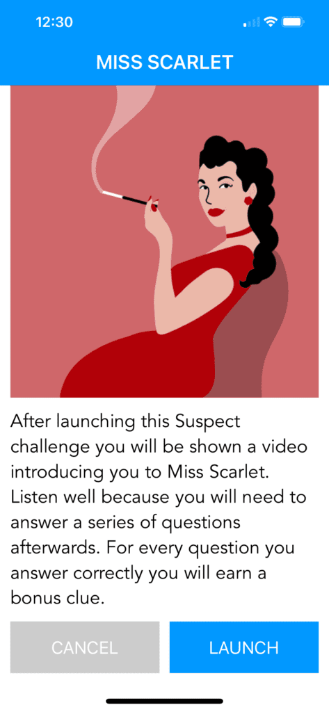 A digital illustration of Miss Scarlet, a character dressed in a red gown with black hair styled in a braid. She is holding a cigarette in a long holder, with smoke swirling upward. The text below explains a game challenge.
