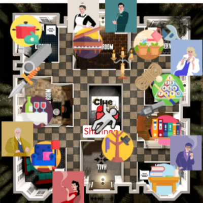 A screenshot of a digital SLEUTH live demo game, showing a floor plan of a mansion divided into various rooms. The image includes colorful icons representing characters, items, and clues spread across different rooms, which are labeled with names such as 'Library' and 'Study.' The interface shows typical app elements such as icons for navigation and user options at the bottom.