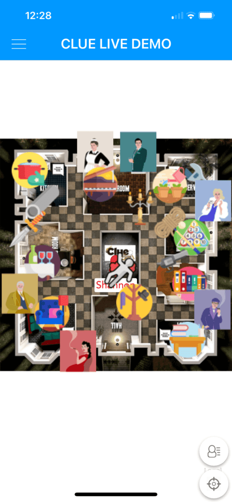 A screenshot of a digital SLEUTH live demo game, showing a floor plan of a mansion divided into various rooms. The image includes colorful icons representing characters, items, and clues spread across different rooms, which are labeled with names such as 'Library' and 'Study.' The interface shows typical app elements such as icons for navigation and user options at the bottom.