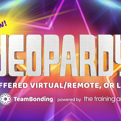 In this photo you can see gameboard for a team building program based on: Jeopardy! This is a graphic promoting virtual, remote, or live gameplay options. For TeamBonding, powered by The Training Arcade.