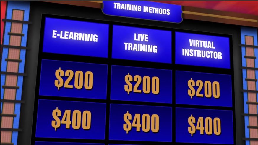In this photo you can see gameboard for a team building program based on: Jeopardy! There are categories such as 'Training Methods' featuring three columns: E-learning, Live Training, and Virtual Instructor. Each column has question values of $200 and $400.