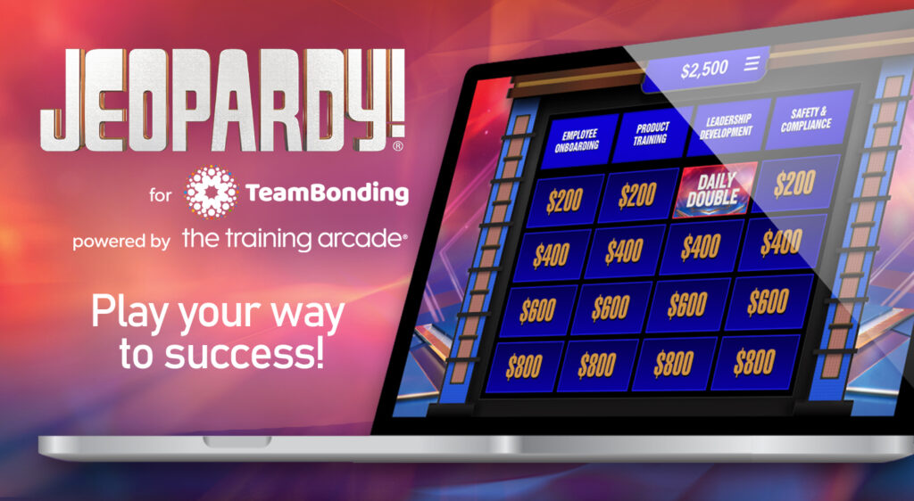 Jeopardy! game display on a laptop screen, showcasing categories like Employee Onboarding, Product Training, Leadership Development, and Safety & Compliance, with dollar amounts beneath. The image promotes a TeamBonding event powered by The Training Arcade with the tagline 'Play your way to success!