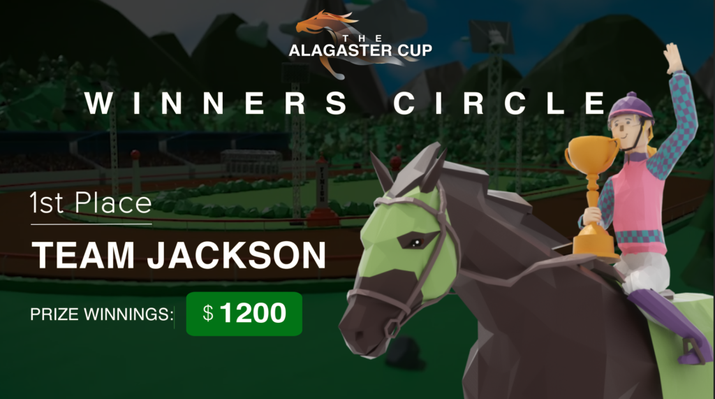 Winners Circle graphic for the Alagaster Cup showing Team Jackson as 1st place winners during the At The Races team building event.
