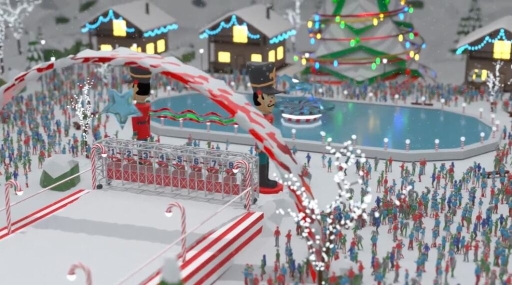 Festive winter scene from the Reindeer Games event, featuring a holiday-themed racetrack, large toy soldier figures, and a crowd gathered around a decorated ice rink.