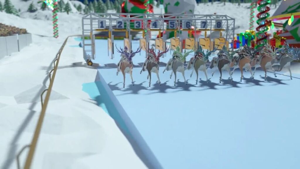 Reindeer lined up at the starting gate, ready to race during the Reindeer Games team building event.