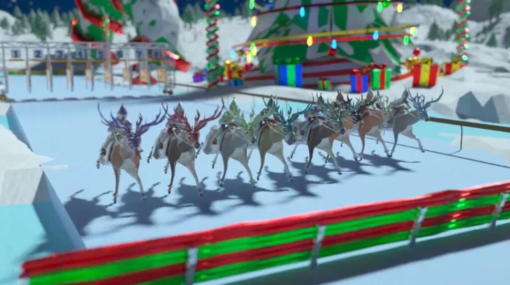 Reindeer sprinting around the track with festive holiday décor during the Reindeer Games team building event.