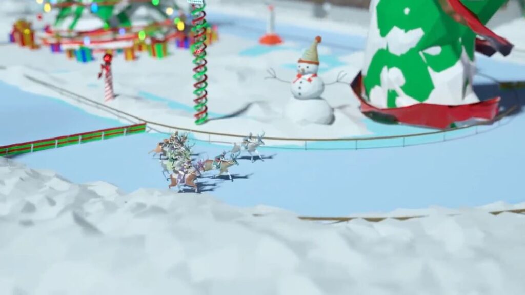 Reindeer racing around a snowy track during the Reindeer Games team building event, with a snowman and festive decorations in the background.