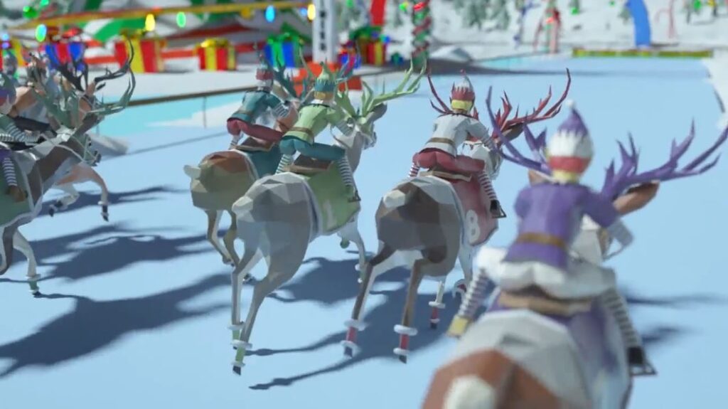 Animated reindeer racing in the Reindeer Games event, featuring participants in colorful attire riding reindeer in a winter-themed track.
